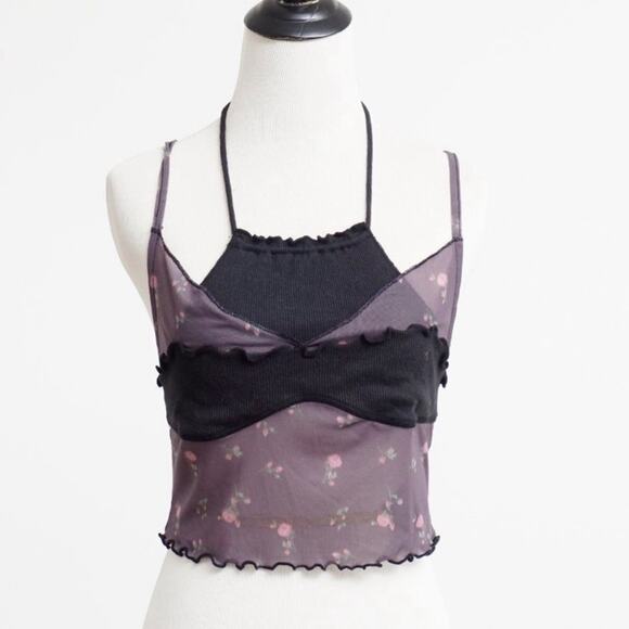 Urban Outfitters Layered Cropped Cami Mesh Floral Print Ribbed Panel Size Medium - Picture 14 of 16
